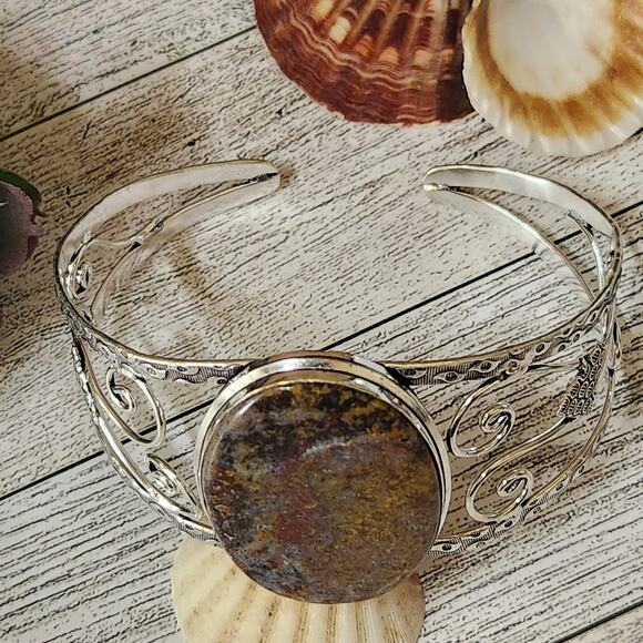 Enchanted Forest Sterling Silver Green Mossy Agate Cuff Bracelet - Picture 5 of 10